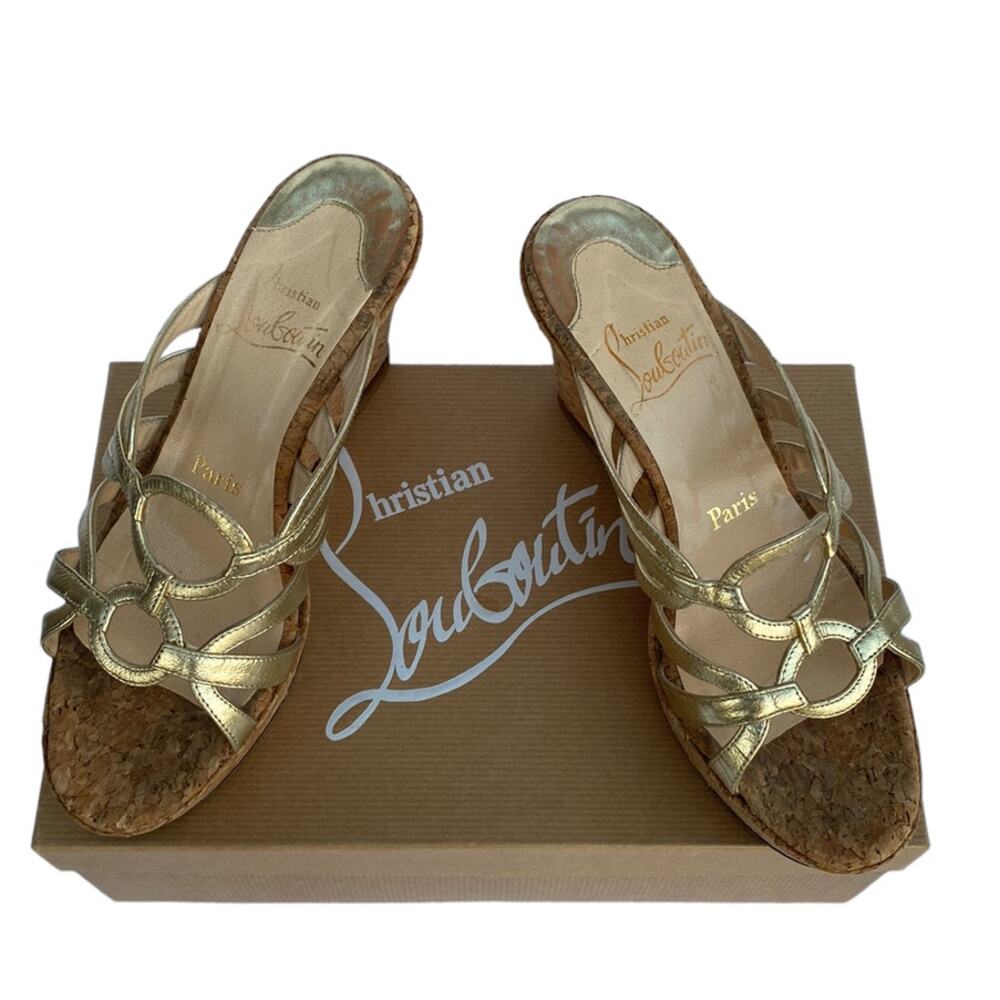 Louboutin 36 Gold Metallic Cork Wedge Mule Sandals
